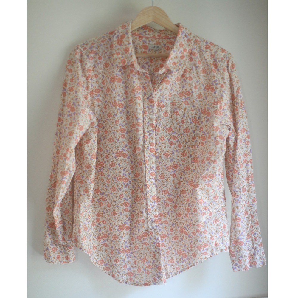 LL Bean Womens Floral Button Down Shirt Long Sleeve Orange Purple Cottagecore